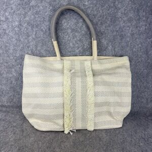 Stella & dot Ivory Stripes Straw Top Handle‎ Large Tote Shoulder Bag Purse